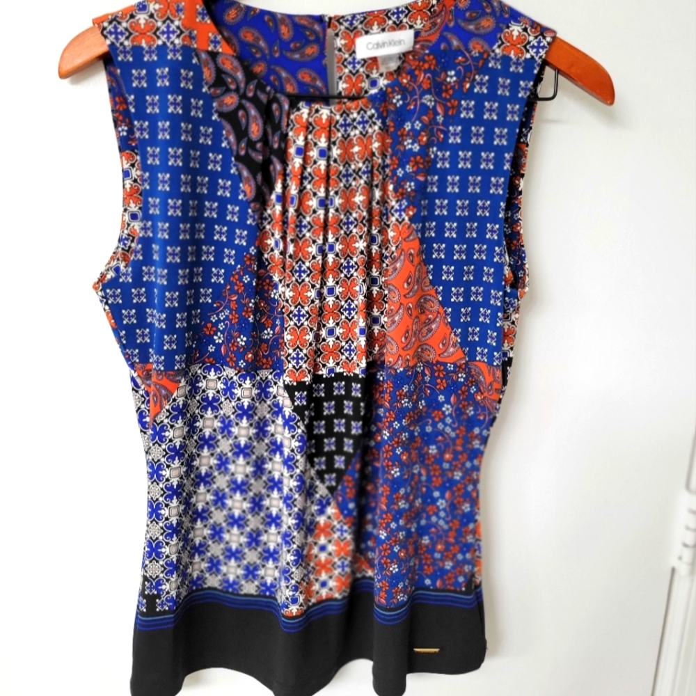Calvin Klein Navy Paisley Print Women's Knit Blouse Size Medium